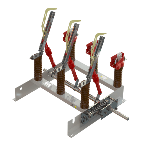 Chave seccionadora tripolar modelo SRA Sarel de abertura rotativa com aterramento — isoladores, contatos e mecanismo de manobra para subestações