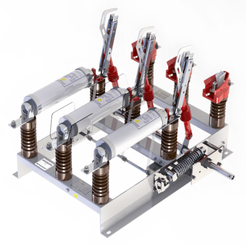 Chave seccionadora tripolar modelo SRFA Sarel — abertura rotativa com fusível e aterramento para subestações industriais