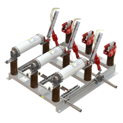 Chave seccionadora tripolar modelo SRFLTI Sarel — abertura rotativa com fusível, aterramento e intertravamento para cubículos